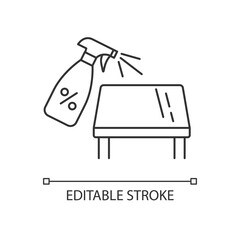 Tabletop cleaning pixel perfect linear icon. Surface cleaning thin line customizable illustration. Contour symbol. Table and sanitizer spray bottle vector isolated outline drawing. Editable stroke