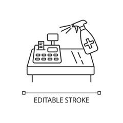 Shop counter disinfection pixel perfect linear icon. Surface cleaning thin line customizable illustration. Contour symbol. Cash register and spray vector isolated outline drawing. Editable stroke