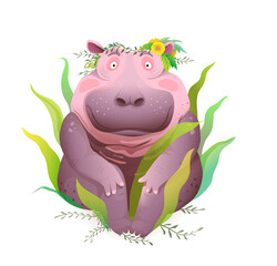 Body positive happy and smiling hippopotamus sitting in nature wearing flowers wreath on head. Cute happy hippo beautiful 3d realistic drawing t shirt prints and apparel design. Vector illustration.