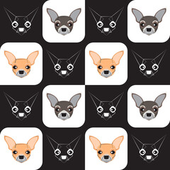 Dog seamless pattern, Chihuahua on black & white background, Dog icons. 