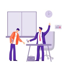 Being late employee in office. Upset character receives reprimand from boss for frequent lateness to work modern flat style furnishings and furniture poor attitude to deadline and vector tasks.