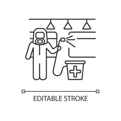 Transport disinfection pixel perfect linear icon. Cleaning service thin line customizable illustration. Contour symbol. Cleaner in hazmat suit vector isolated outline drawing. Editable stroke