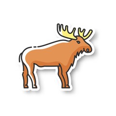 Elk patch. Hoofed ruminant animal with large antlers. American forest wildlife RGB color printable sticker. Herbivore wapiti with big horns. Canadian moose vector isolated illustration