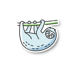 Sloth patch. South American arboreal animal. Cute herbivore wildlife, exotic fauna RGB color printable sticker. Adorable sloth hanging on tree branch vector isolated illustration