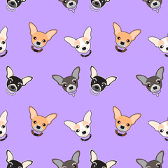 Dog seamless pattern, Chihuahua on purple background, Dog icons. 