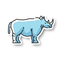 Rhinoceros patch. Exotic horned animal, african fauna. Tropical zoo mascot, endangered species. Zoology, safari RGB color printable sticker. Large rhino vector isolated illustration