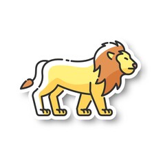Lion patch. Exotic carnivore animal, dangerous predator. Tropical zoo inhabitant. African safari, savanna RGB color printable sticker. Wild cat with mane vector isolated illustration
