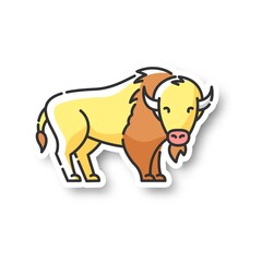 Bison patch. North American fauna, herbivore animal, endangered species. Cattle farm, domestic livestock RGB color printable sticker. Large buffalo vector isolated illustration
