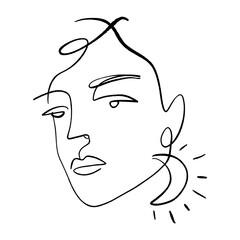 Continuous line drawing face. Moon earring, hairstyle, fashion concept. Minimalist vector illustration, woman beauty. Perfect for t-shirt design, art print.