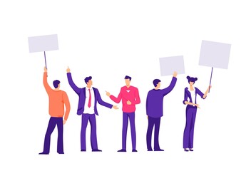 Picket office staff banner illustration. Employees of company are standing with blank posters dissatisfaction with salaries demands for higher labor standards dismissal vector management company.