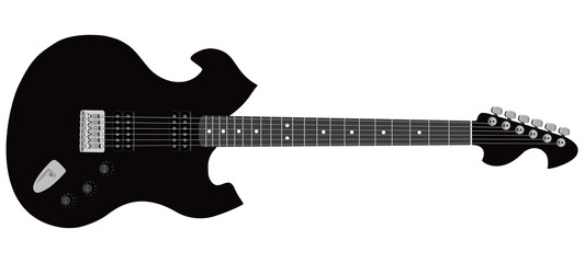 Detailed black electric guitar, isolated rock / metal design on transparent background. 