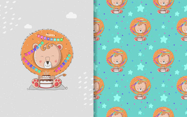 Little lion baby shower and seamless pattern