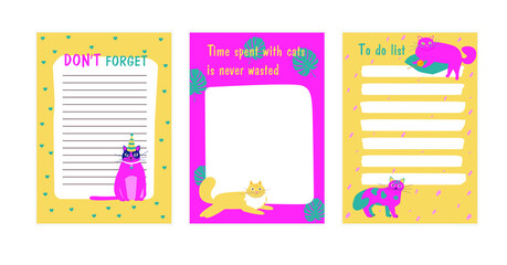 Set of cute planners. Colorful to do list, reminder and blank template decorated by funny cats. Paper sheet. flat vector illustration.