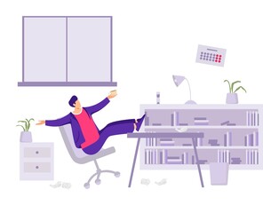 Worker loafer in office illustration. Male character lounges while working mediocre employee who does not fulfill companys plan poor deadline conditions unproductive vector activity.