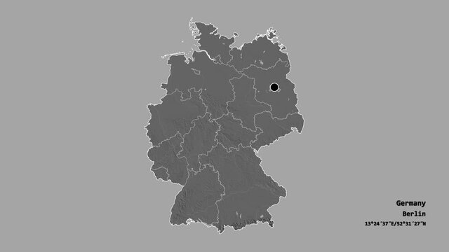 Niedersachsen, state of Germany, with its capital, localized, outlined and zoomed with informative overlays on a bilevel map in the Stereographic projection. Animation 3D