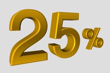 The inscription is 25 of realistic 3D numbers in gold metalic color. Illustration of a twenty five percent discount or sale for advertising poster, banner advertising and more. 3d rendering, isolated