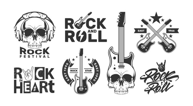 Rock and roll logos set with skull. Labels with lettering style. Music festival design labels.