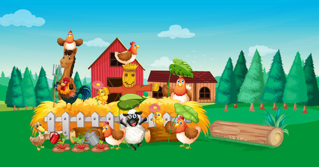 Obraz na płótnie Canvas Farm scene with animal farm cartoon style