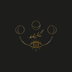 Sacred line geometric symbol with eye and moon phases, gold figure on black background. Abstract mystic geometry. Vector illustration.
