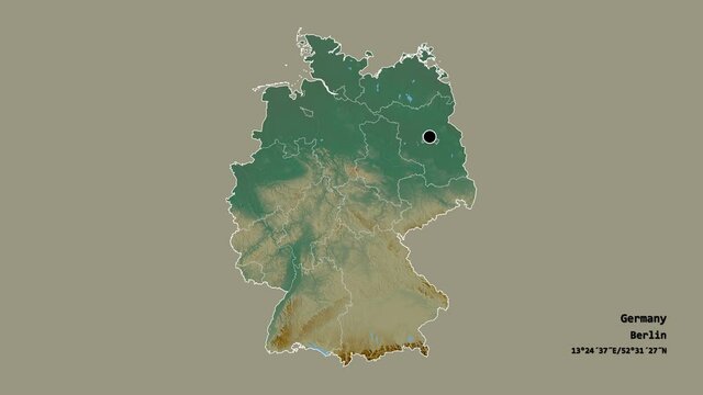Niedersachsen, state of Germany, with its capital, localized, outlined and zoomed with informative overlays on a relief map in the Stereographic projection. Animation 3D