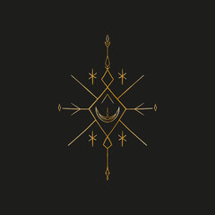 Sacred line geometric symbol with moon, gold figure on black background. Abstract mystic geometry. Vector illustration.