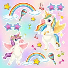 Set of unicorn or pegasus with music theme icon isolated on pastel color background