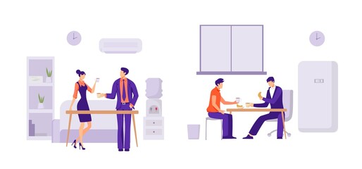 Coworkers lunch in office illustration. Employees of company have breakfast in dining room of company having snack before further execution of plan rest and relaxation after intense vector work.