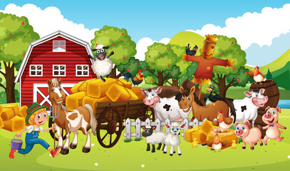 Obraz na płótnie Canvas Farm in nature scene with horse drawn vehical and animal farm