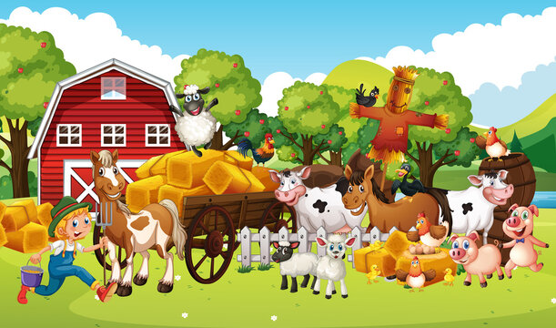 Farm in nature scene with horse drawn vehical and animal farm