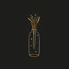 Magic bottle or jar with floral potion. Wildflowers bouquet. Tattoo style illustration. Gypsy, bohemian concept. Gold line art illustration on black background. Vector design.