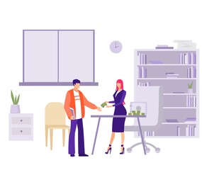 Salary issue in office illustration. Female character accountant gives bundle of money to an employee company payment of premiums and overtime for processing hours vector flat payment.