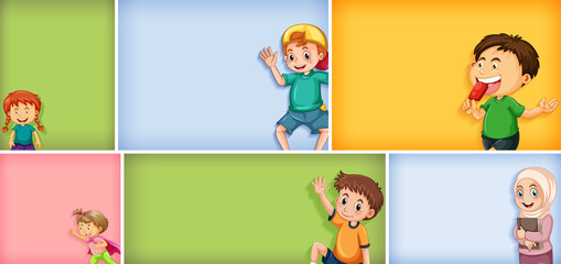 Set of different kid characters on different color background