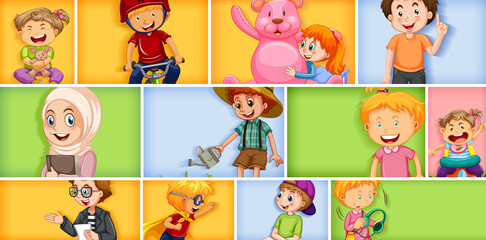 Obraz premium Set of different kid characters on different color background