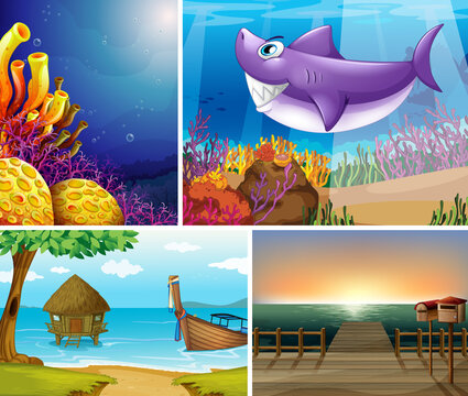 Four different scene of tropical beach and animals in underwater with sea creater