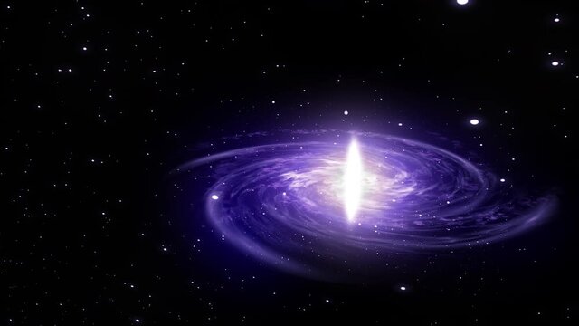 Flying near beautiful purple glowing galaxy in 3D in deep space. Space travel, sci-fi