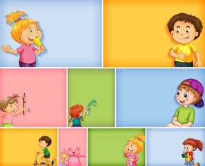 Set of different kid characters on different color background