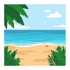 Fototapeta na wymiar Sunny beach view with palms flat cartoon vector illustration. Summer vacation concept drawing. Art template for card, poster, web banner, social media background.