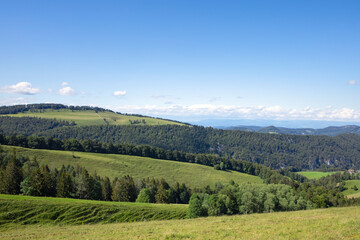 Fototapeta premium Fresh green meadow on slopes of Jura mountains, old barn, swiss idyll landscape, summer day. Naturpark Thal, Switzerland.