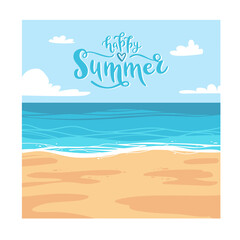 Fototapeta na wymiar Happy summer hand lettering with sunny beach view on background. Flat cartoon vector illustration. Vacation and travel concept. Design for card, poster, social media, web banner or print.