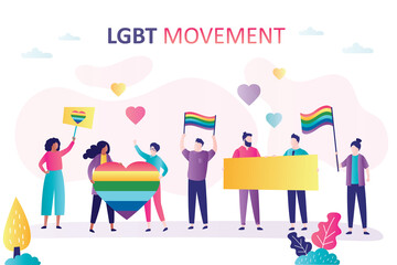 Group of gays and lesbians, activists on parade or protest. Fight for your rights,discrimination homosexual. Lgbt movement