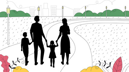 Family Leisure Concept. Silhouettes Of People Walking In The Park With Cityscape Background. Father, Mother And Children Are Holding Hands Outdoor. Cartoon Linear Outline Flat Vector Illustration
