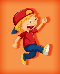 Cute boy wearing red cap with stranglehold in walking position cartoon character isolated on orange background