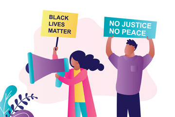 Black Lives Matter movement. African american people hold placards with slogans. Protesters with loudspeaker and boards.