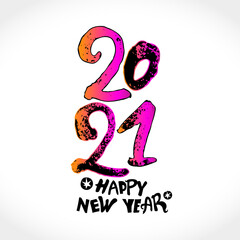 Calligraphy dry brush 2021 Happy New Year logo text design. Handwritten 2021 with wishes vector template. Brochure design template, card, poster, banner. Black symbol on a light background.

