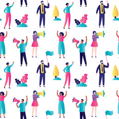 Seamless pattern with protest against Racism. Multicultural people with placards and loudspeaker on protest or rally.