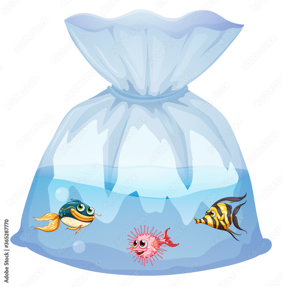 Wall mural cute fishes in plastic bag cartoon isolated