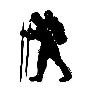 recommend clip art: Hiker. Black silhouette of a male tourist. Walking tour. Side view. Hand drawn vector flat graphic illustration. Isolated object on a white background. Isolate.