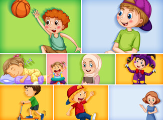Set of different kid characters on different color background