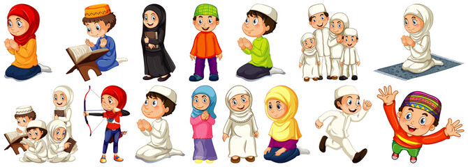 Set of different muslim people cartoon character isolated on white background