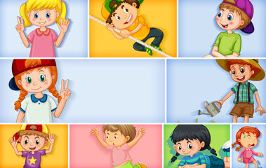 Set of different kid characters on different color background